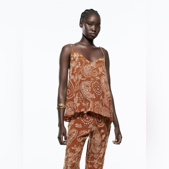 NWT ZARA Printed Boho Camisole Flowy Top in Brown & White Sz L - Picture 1 of 10
